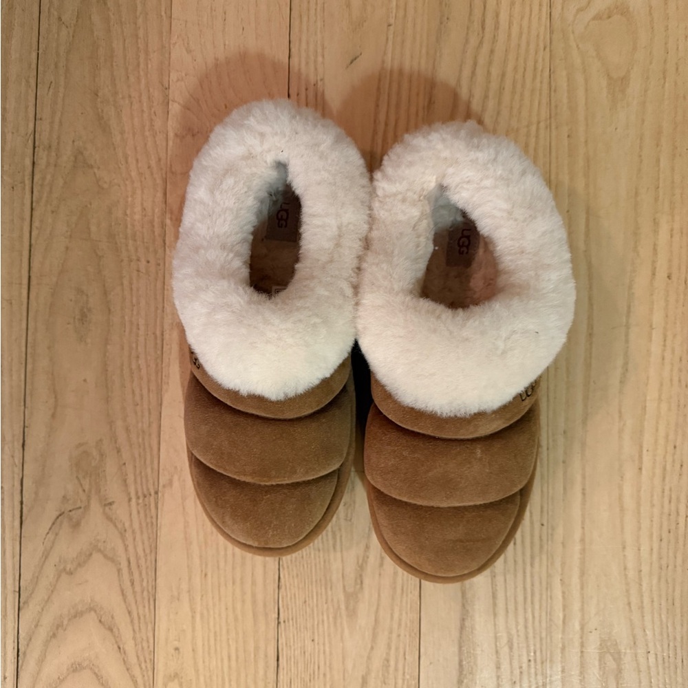 UGG Australia Platform Cozy Brown and White Shearling Slippers